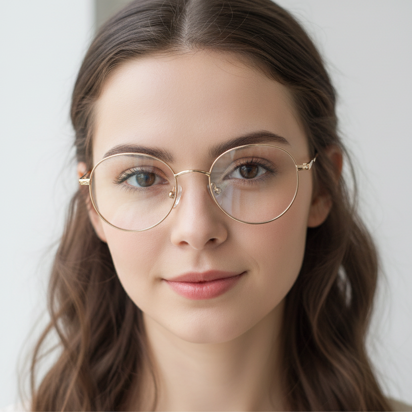 Mujer usando lentes NEUX NY009 C1 dorado naranja redondo
