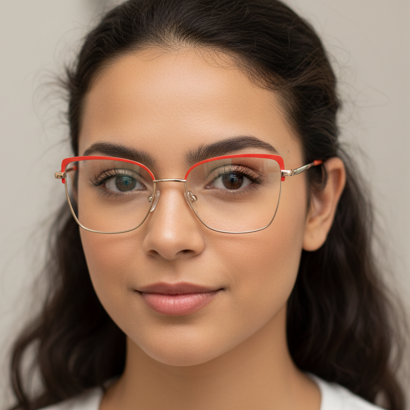 Mujer usando lentes LAVANETT LA653 C3 dorado naranja cat-eye