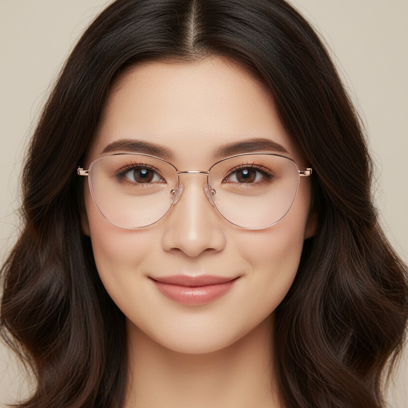 Mujer usando lentes CNX CM7048 C2 dorado oro rosado cat-eye
