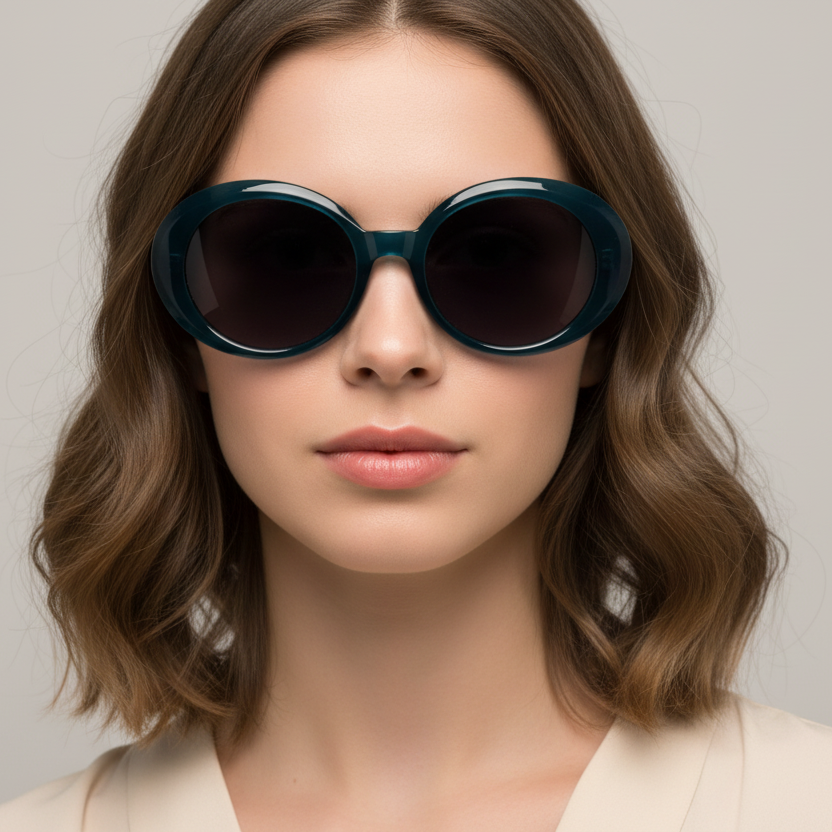 Mujer estilosa usando lentes de sol PUCCINI PG026 C5 azul petróleo oval retro