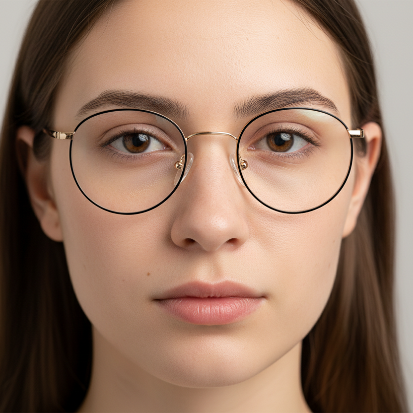 Persona usando lentes LAVANETT LA644 C1 dorado negro redondo
