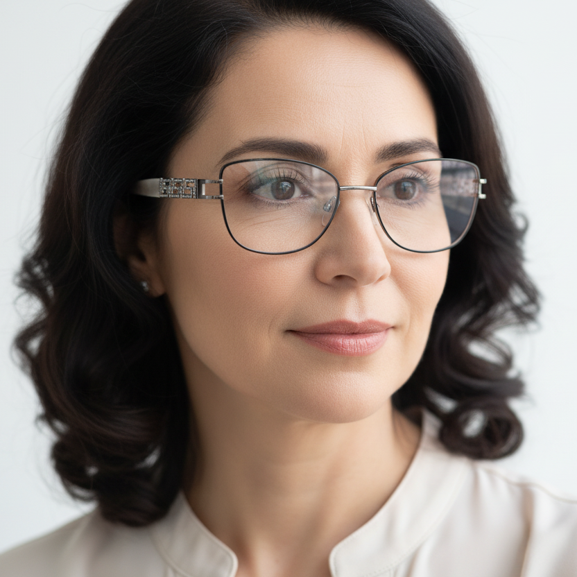 Mujer elegante usando lentes PUCCINI PM1053 C1 negro blanco nacarado cat-eye grabado griego