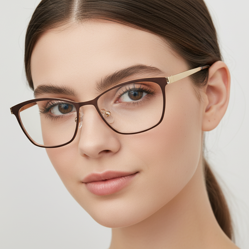 Mujer usando lentes NEUX M-8034 C2 café dorado cat-eye