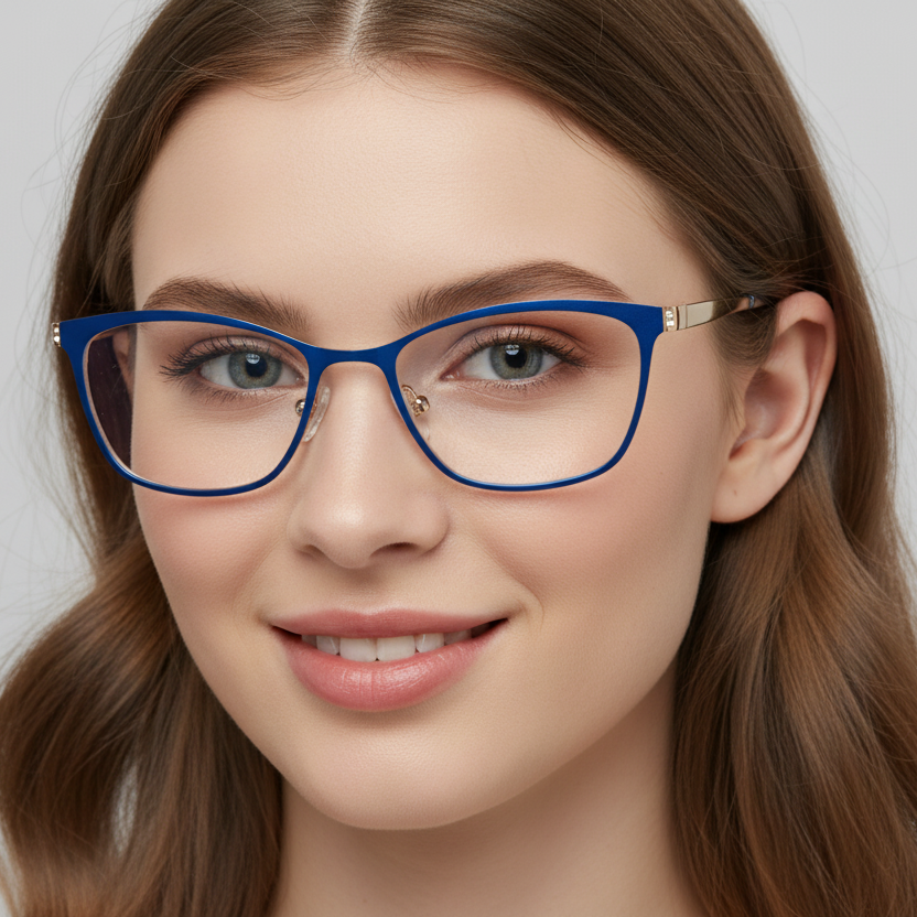 Mujer usando lentes NEUX M-8034 C5 azul dorado cat-eye