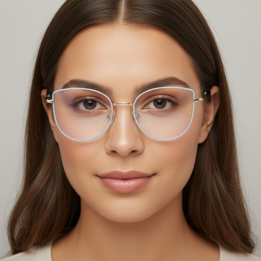 Mujer usando lentes LAVANETT LA639 C15 celeste dorado cat-eye
