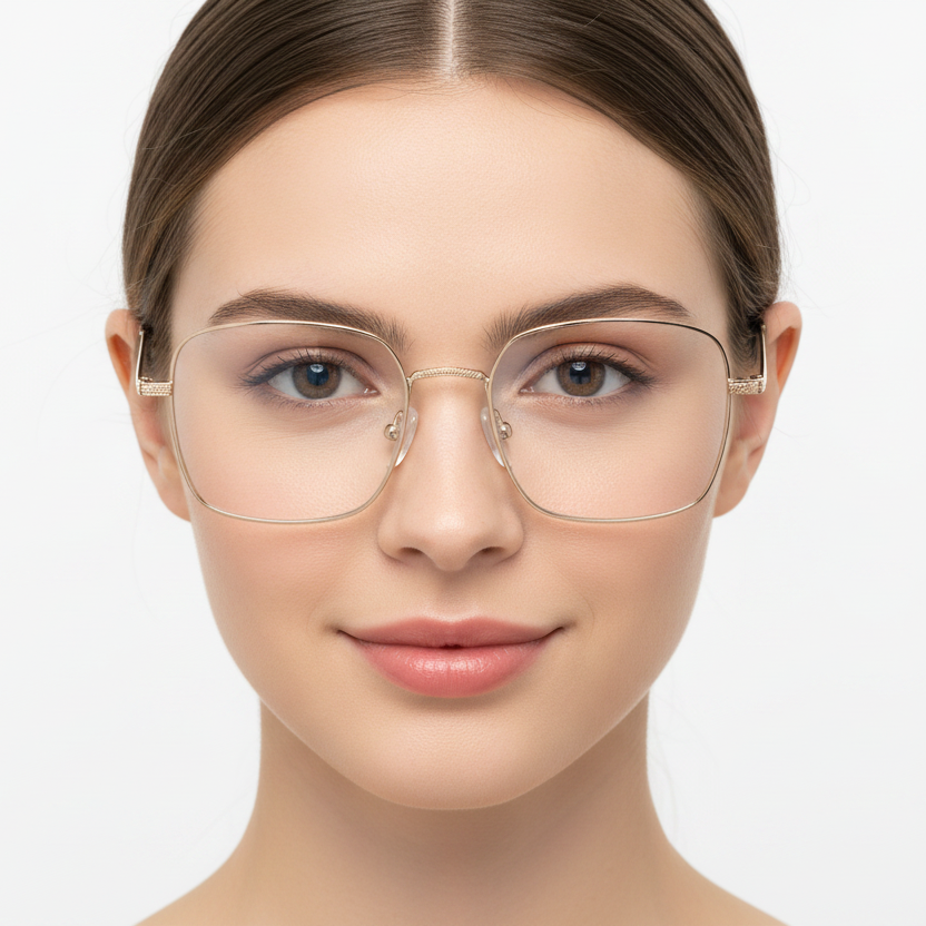 Mujer usando lentes NEUX NY011 C3 dorado cuadrado varillas transparentes