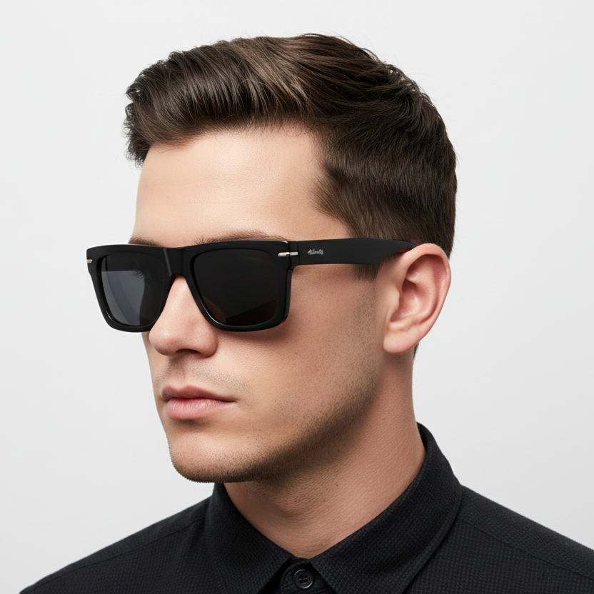 Hombre estiloso usando lentes de sol ATLANTIS ANS043 C1 negro mate wayfarer cuadrado