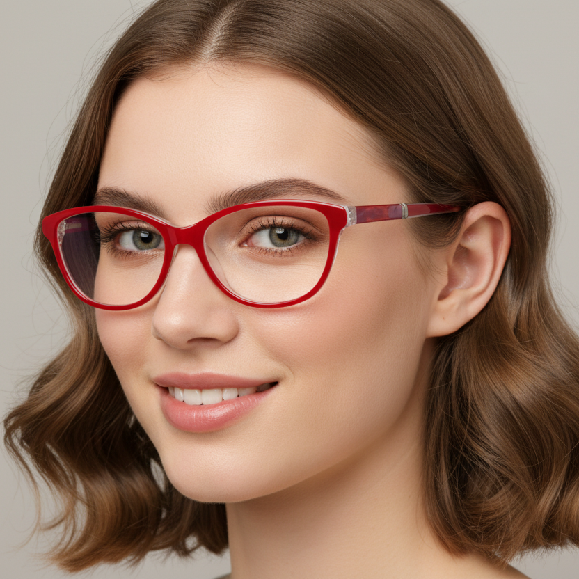 Mujer usando lentes NEUX NA030 C3 rojo cat-eye