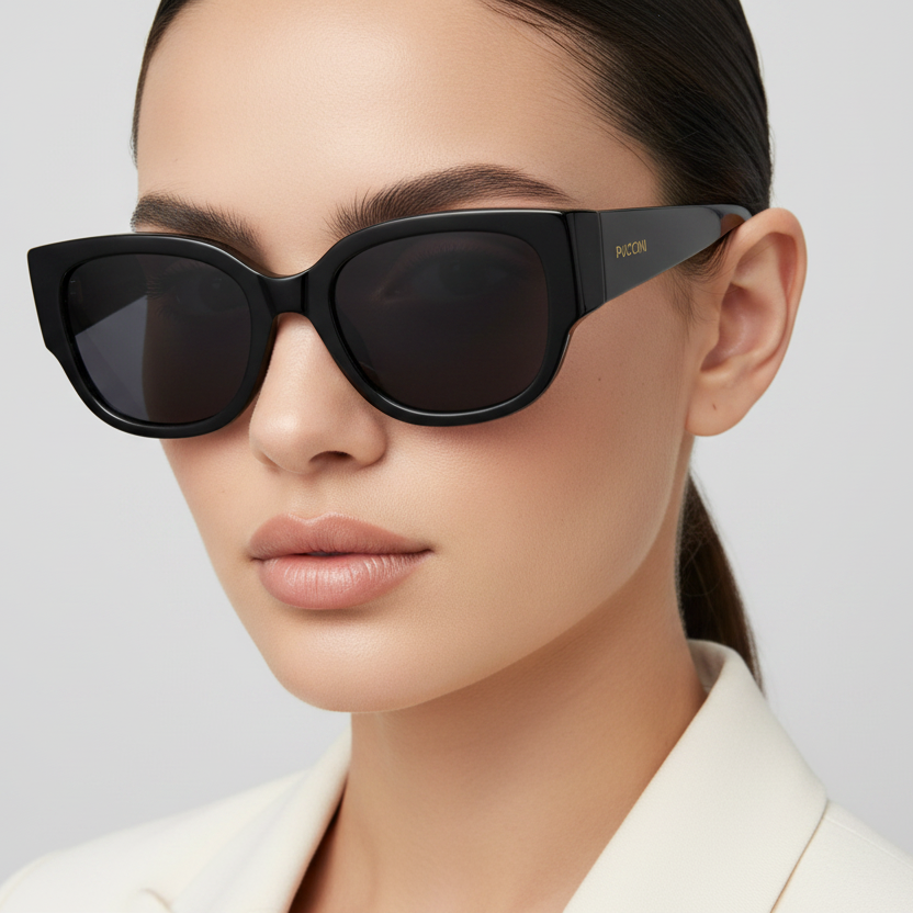 Mujer estilosa usando lentes de sol PUCCINI PG043 C1 negro cat-eye brillante