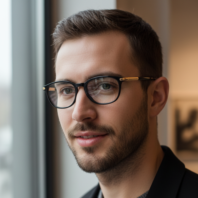 Lifestyle gafas negras patillas doradas hombre perfil