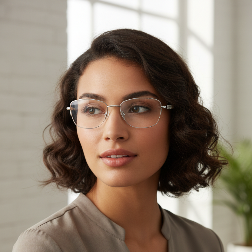 Lifestyle mujer joven con lentes ópticos plateados